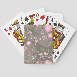 Whimsical Pink and Grey Hearts, Birds and Flowers Poker Cards