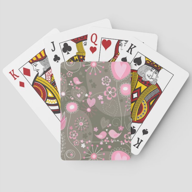 Whimsical Pink and Grey Hearts, Birds and Flowers  Poker Cards (Back)