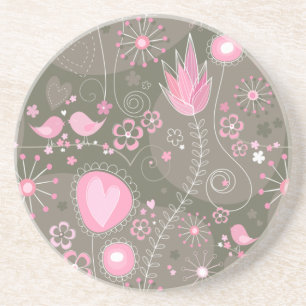Whimsical Pink and Grey Hearts, Birds and Flowers Sandstone Coaster