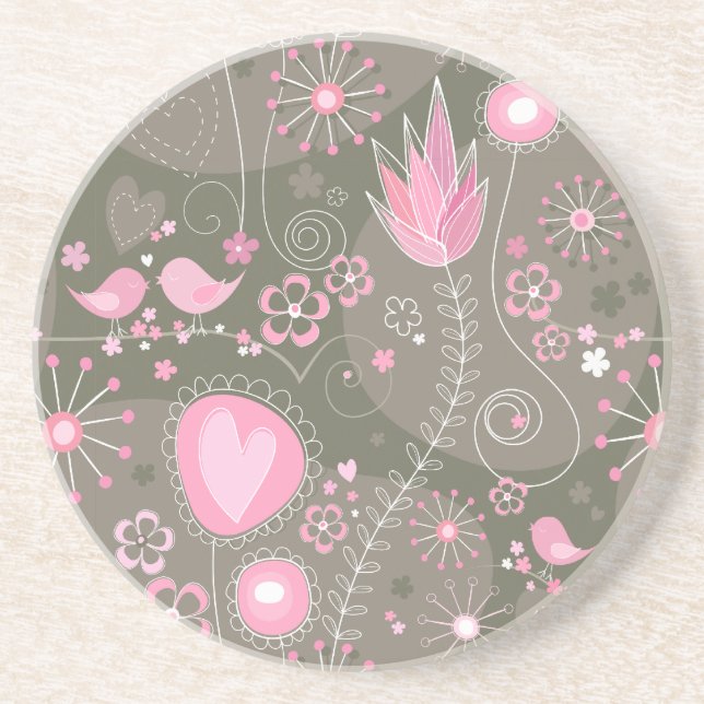 Whimsical Pink and Grey Hearts, Birds and Flowers  Sandstone Coaster (Front)