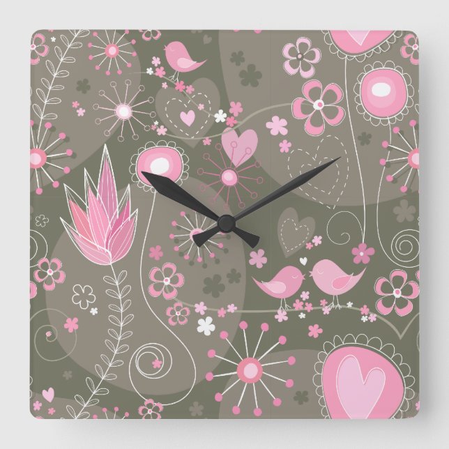 Whimsical Pink and Grey Hearts, Birds and Flowers  Square Wall Clock (Front)