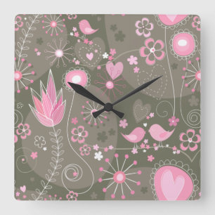 Whimsical Pink and Grey Hearts, Birds and Flowers Square Wall Clock