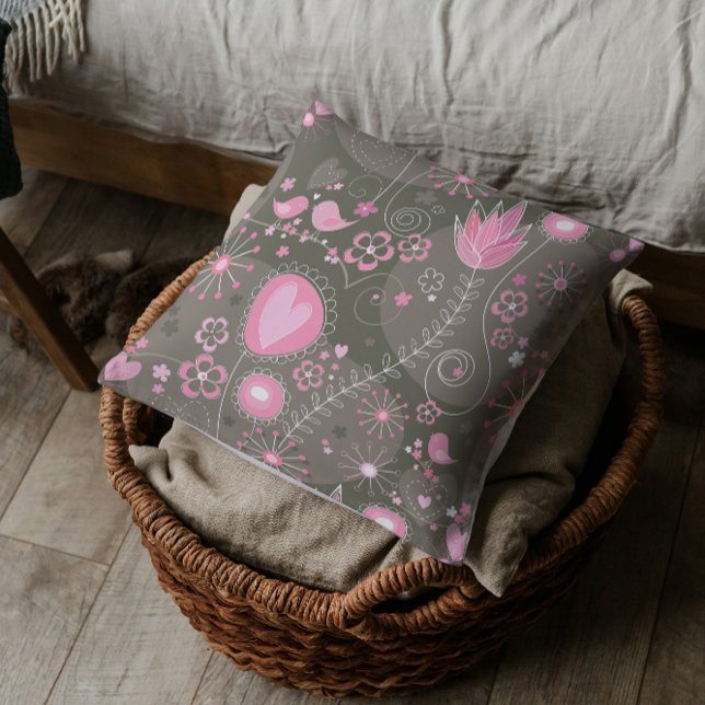 Whimsical Pink and Grey Hearts, Birds and Flowers  Throw Pillow (Creator Uploaded)