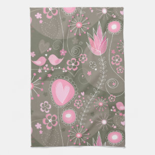 Whimsical Pink and Grey Hearts, Birds and Flowers Towel