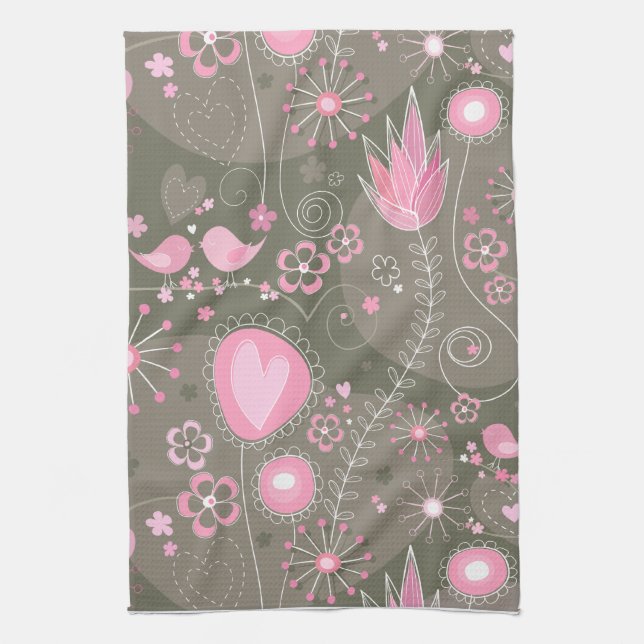 Whimsical Pink and Grey Hearts, Birds and Flowers  Towel (Vertical)