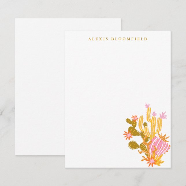 Whimsical Pink and Orange Cactus Personalized Note Card (Front/Back)