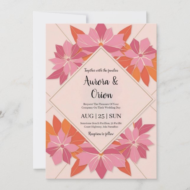 whimsical pink and orange floral wedding invitation (Front)
