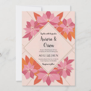 whimsical pink and orange floral wedding invitation