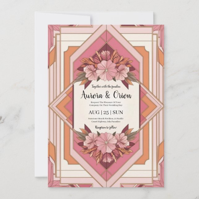 whimsical pink and orange floral wedding invitation (Front)