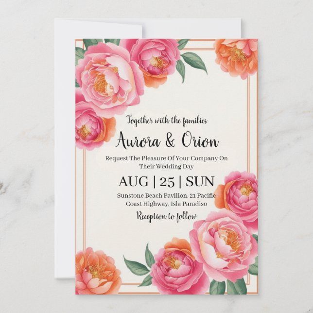 whimsical pink and orange floral wedding invitation (Front)