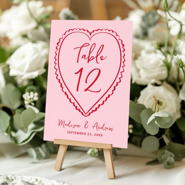Whimsical Pink and Red Heart Wedding Table Number (Creator Uploaded)