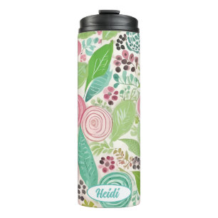 Whimsical pink and teal flowers personalizable thermal tumbler