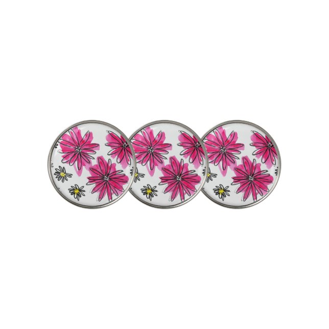 Whimsical Pink and White Flowers Golf Ball Marker (3 Up)
