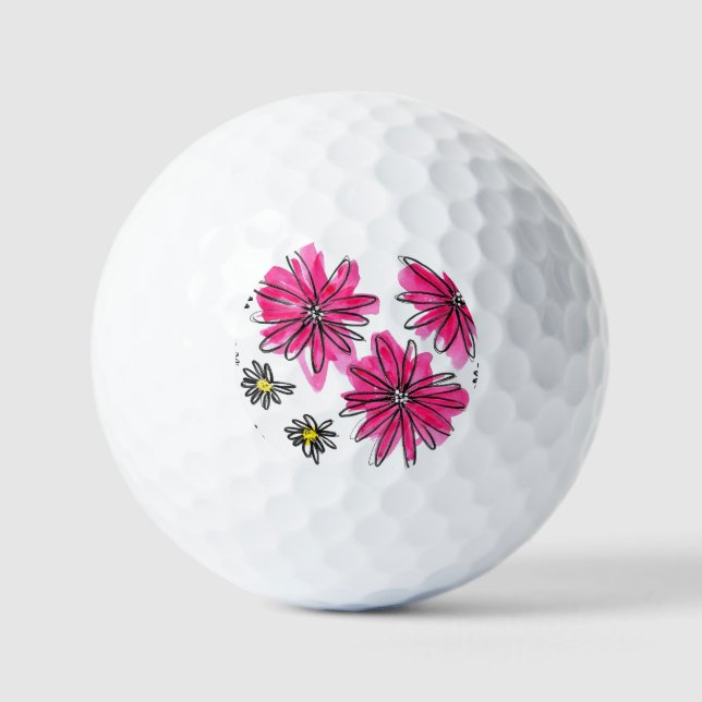 Whimsical Pink and White Flowers Golf Balls (Front)