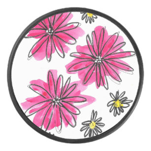 Whimsical Pink and White Flowers Hockey Puck