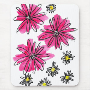 Whimsical Pink and White Flowers Mouse Pad