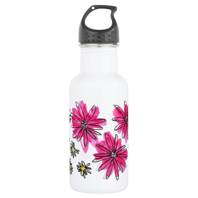 Whimsical Pink and White Flowers Stainless Steel Water Bottle (Front)