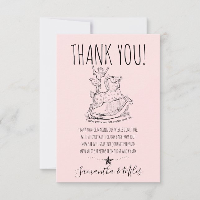 Whimsical Pink Baby Girl Baby Shower Rocking Horse Thank You Card (Front)