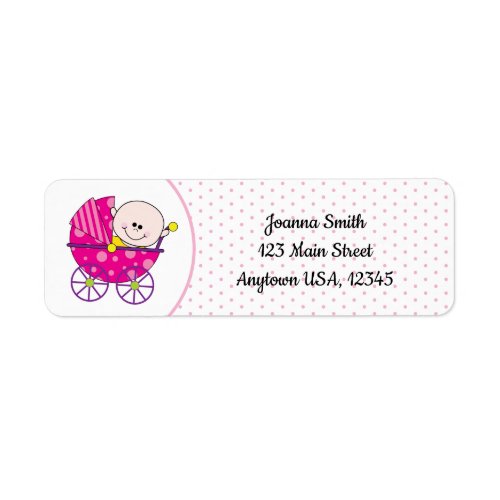 Whimsical Pink Baby Girl Carriage Cartoon Label