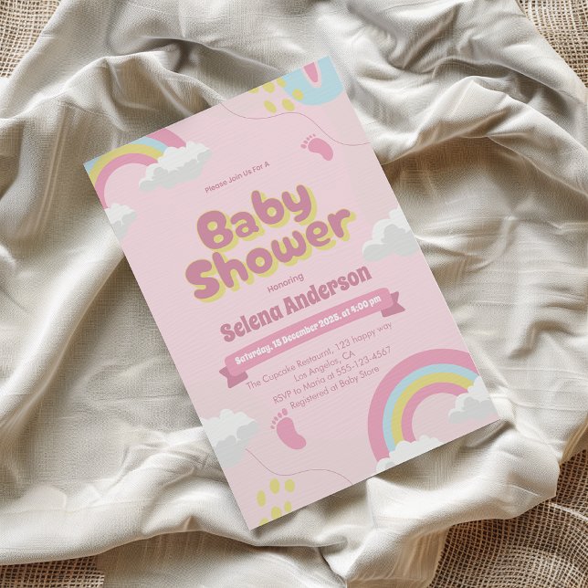 Whimsical Pink Baby Shower Invitation with Rainbow (Creator Uploaded)