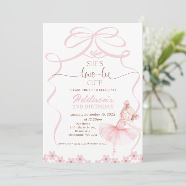 Whimsical Pink Ballerina Two Tu Cute 2nd Birthday Invitation (Standing Front)