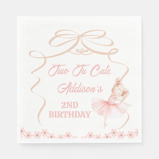 Whimsical Pink Ballerina Two Tu Cute 2nd Birthday Napkins (Front)