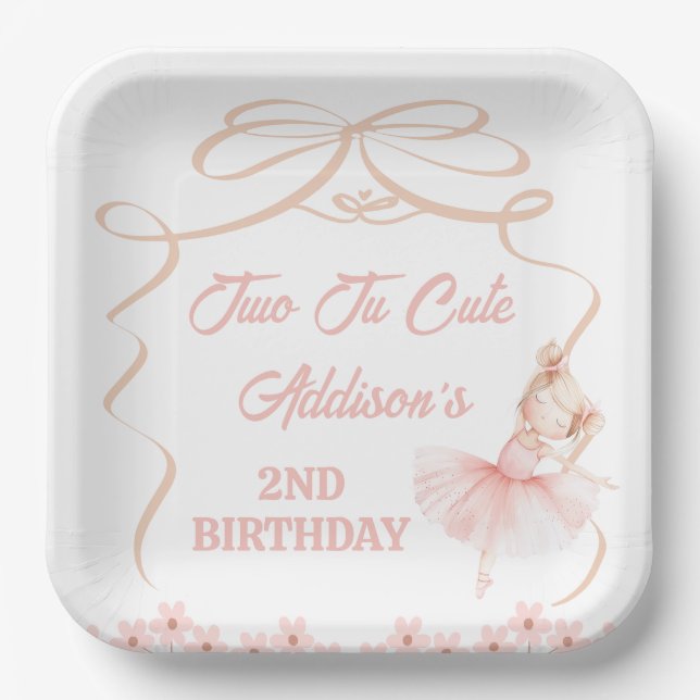 Whimsical Pink Ballerina Two Tu Cute 2nd Birthday Paper Plates (Front)