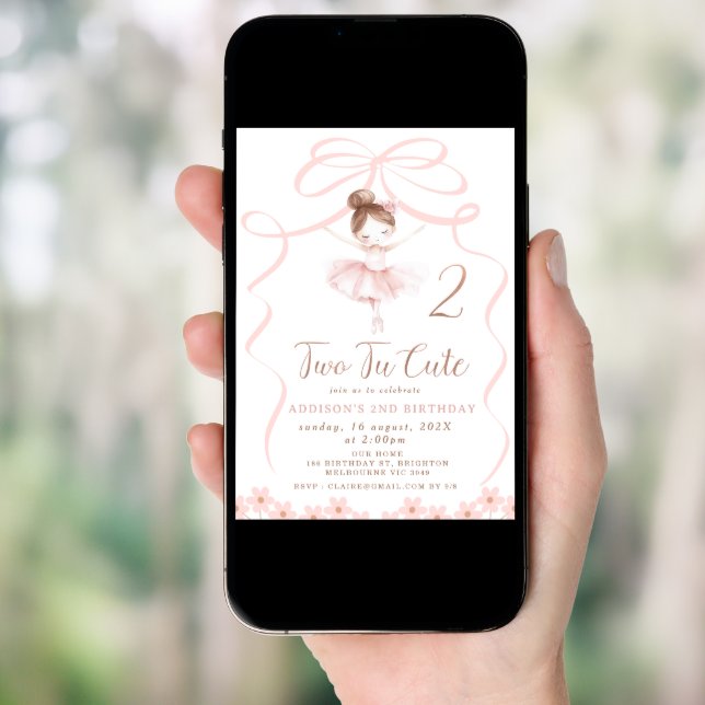Whimsical Pink Ballerina Two Tu Cute Birthday  Invitation (Front Digital)