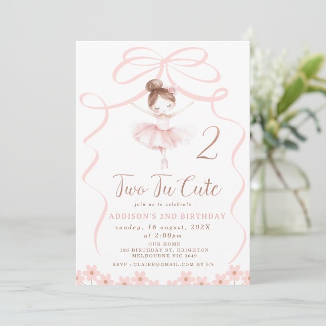 Whimsical Pink Ballerina Two Tu Cute Birthday  Invitation (Standing Front)