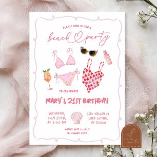 Whimsical Pink Beach Party Birthday Invitation