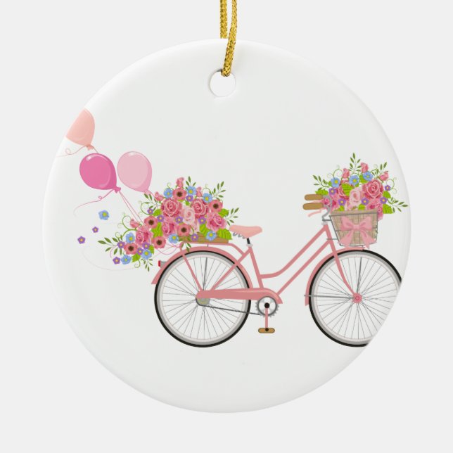Whimsical Pink Bicycle Ceramic Ornament (Front)