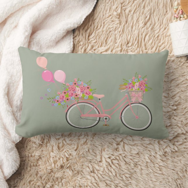 Whimsical Pink Bicycle Lumbar Pillow (Blanket)