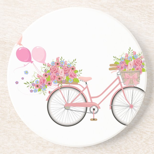 Whimsical Pink Bicycle Sandstone Coaster (Front)
