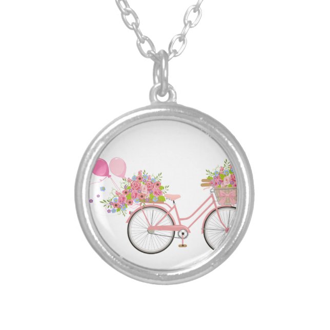 Whimsical Pink Bicycle Silver Plated Necklace (Front)