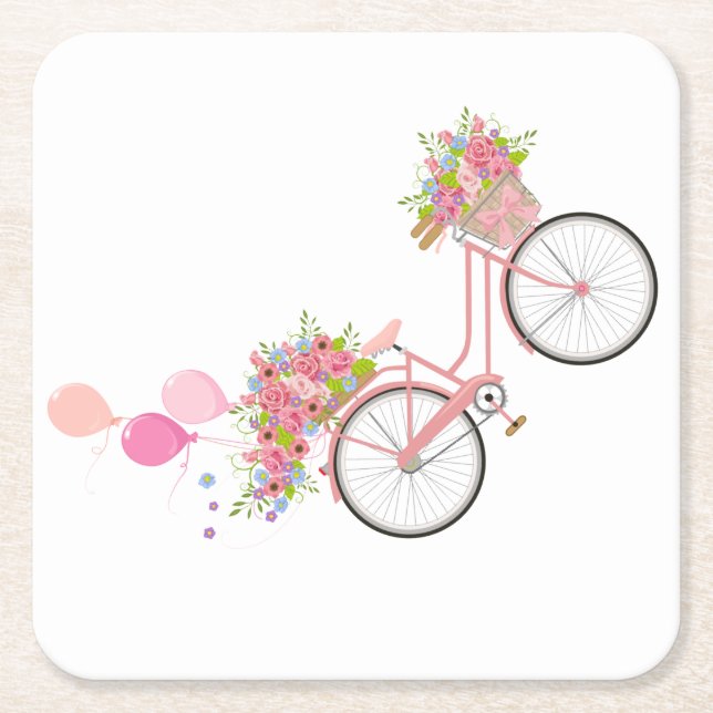 Whimsical Pink Bicycle Square Paper Coaster (Front)