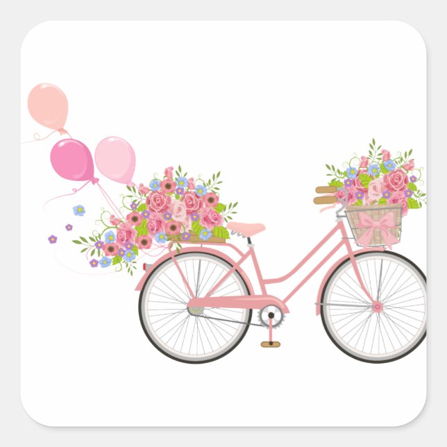 Whimsical Pink Bicycle Square Sticker (Front)