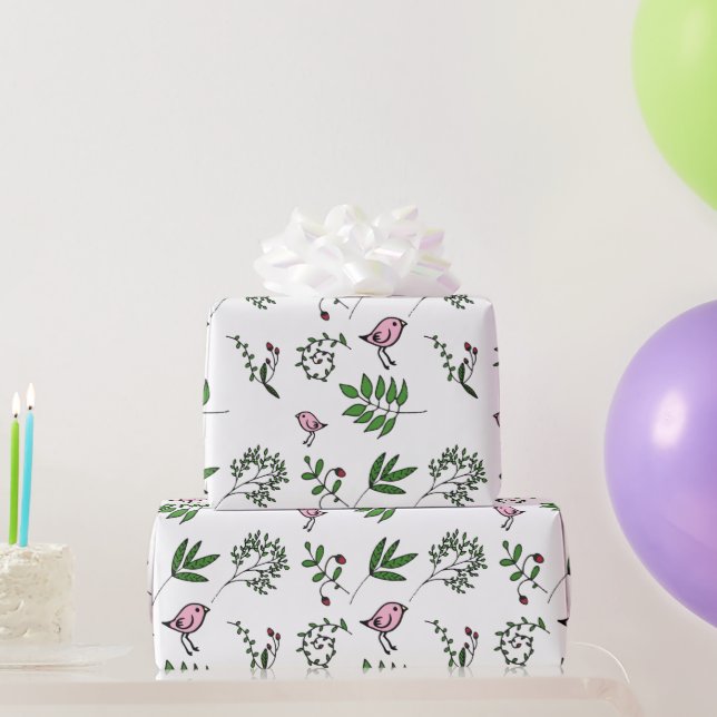 Whimsical Pink Bird and Green Leaves Wrapping Paper (Party Gifts)