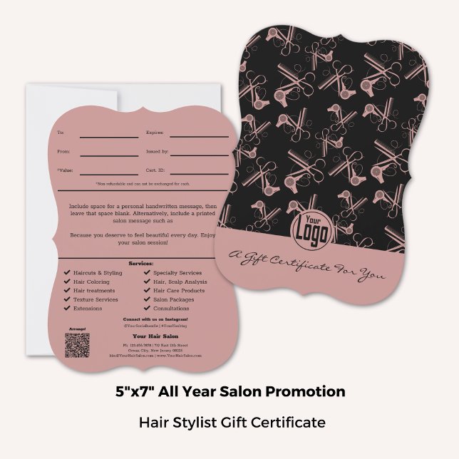 Whimsical Pink Black Hair Stylist Gift Certificate (5x7 Inch, Whimsical Pink Black Hair Stylist Gift Certificate, portrait format with bracket style)