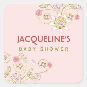 Whimsical Pink Blooms Girl Baby Shower Sticker