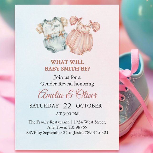 Whimsical Pink Blue Baby Outfit Gender Reveal Invitation (Creator Uploaded)