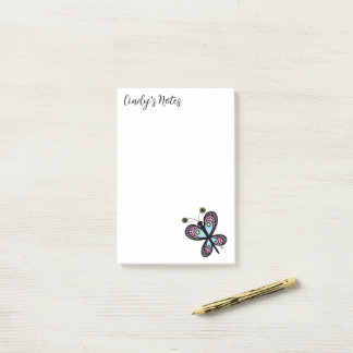 Whimsical Pink & Blue Cartoon Butterfly 4 x 6 Post-it Notes