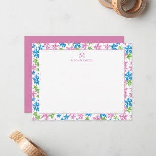 Whimsical Pink Blue Floral Border Custom Monogram Note Card