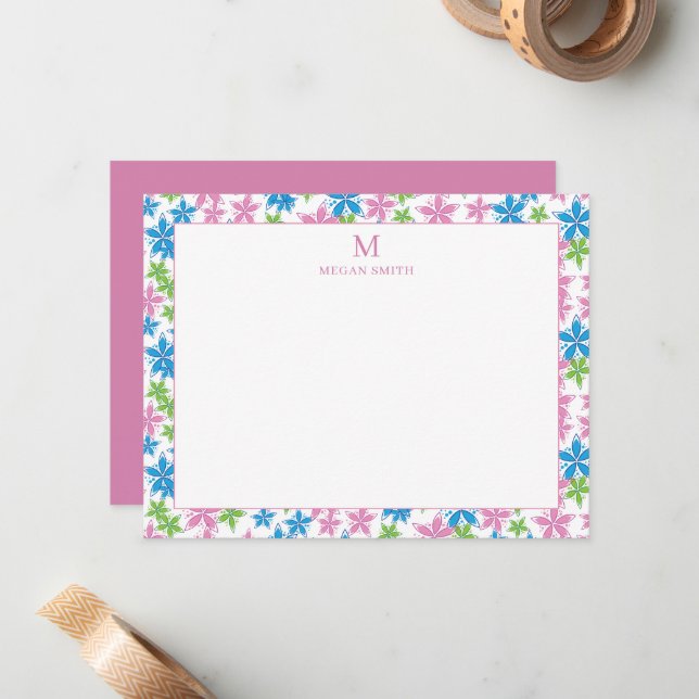 Whimsical Pink Blue Floral Border Custom Monogram Note Card (Front/Back In Situ)