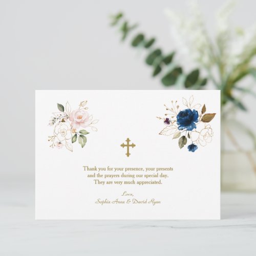 Whimsical Pink Blue Gold Flowers Twins Baptism Thank You Card