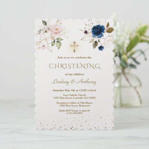 Whimsical Pink Blue Gold Flowers Twins Christening Invitation