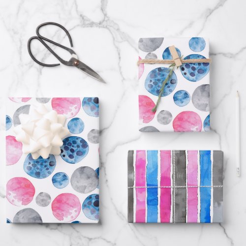 Whimsical Pink Blue Grey Dots Stripes Birthday Wrapping Paper Sheets