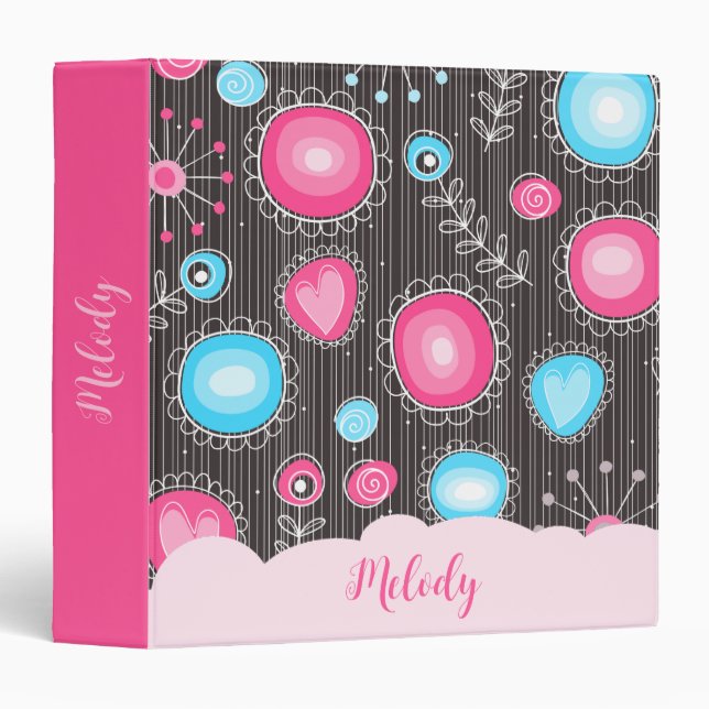 Whimsical pink blue hearts and flowers floral name 3 ring binder (Front/Spine)