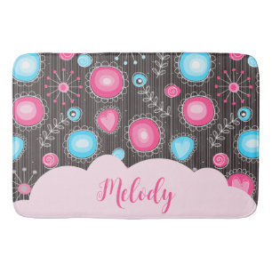 Whimsical pink blue hearts and flowers floral name bath mat