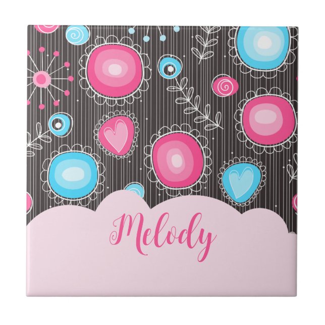 Whimsical pink blue hearts and flowers floral name ceramic tile (Front)