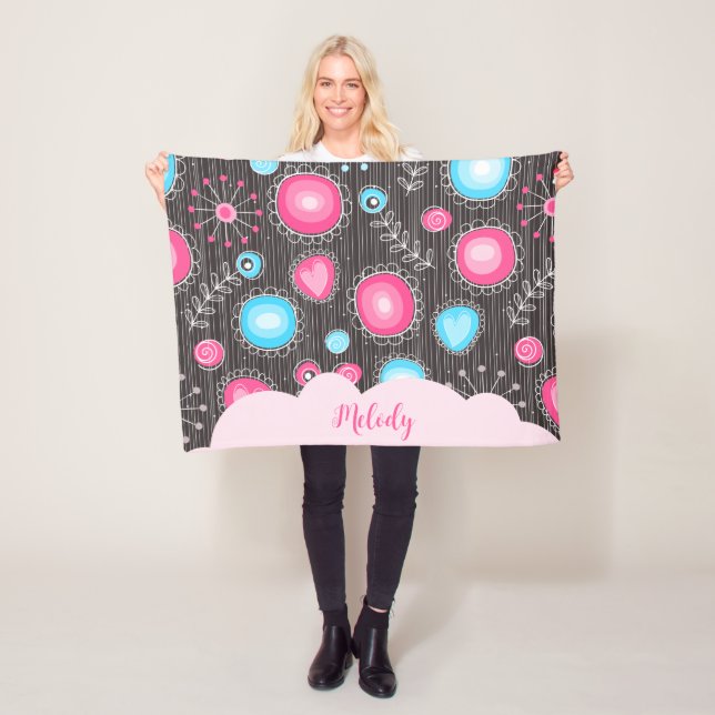 Whimsical pink blue hearts and flowers floral name fleece blanket (In Situ)